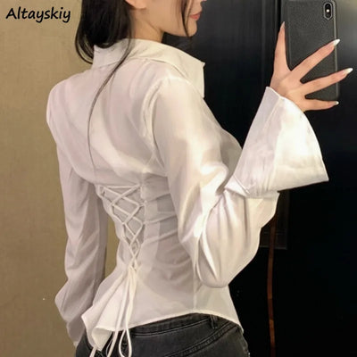 Lace-up Shirts for Women Niche Design Long Sleeve Spring Autumn Clothing Sexy Girls Tops Solid Chic Streetwear Fashion Casual